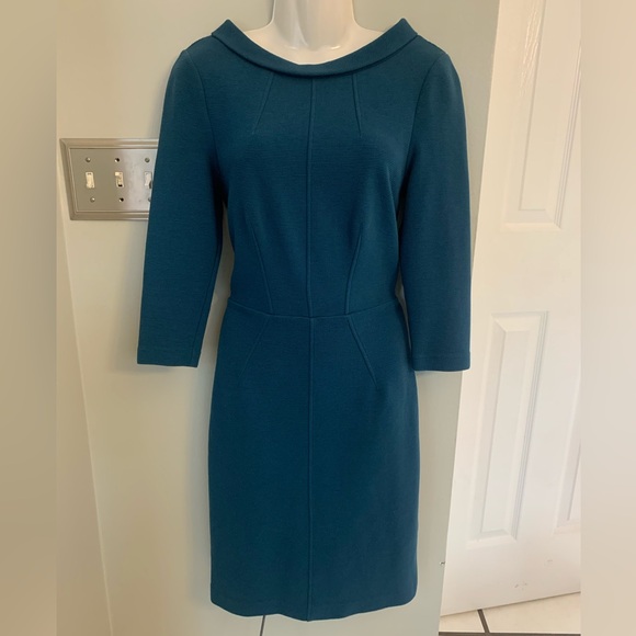 Boden zipper back Textured Stretch Fall Winter Midi Dress Teal Long Sleeves S 6 - Picture 2 of 9